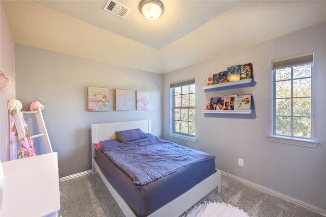 bedroom with carpet flooring, baseboards, and visible vents