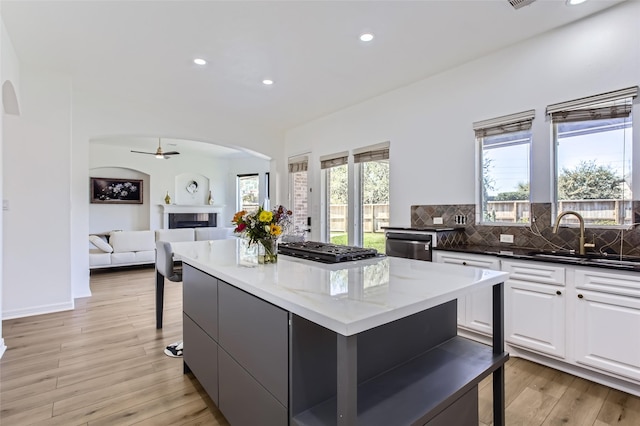 kitchen featuring a sink, tasteful backsplash, stainless steel dishwasher, a fireplace, and light wood finished floors