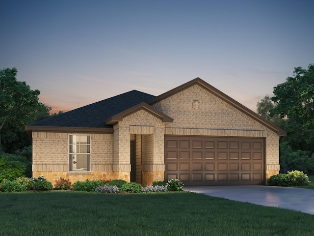 view of front of property with brick siding, an attached garage, roof with shingles, a lawn, and driveway