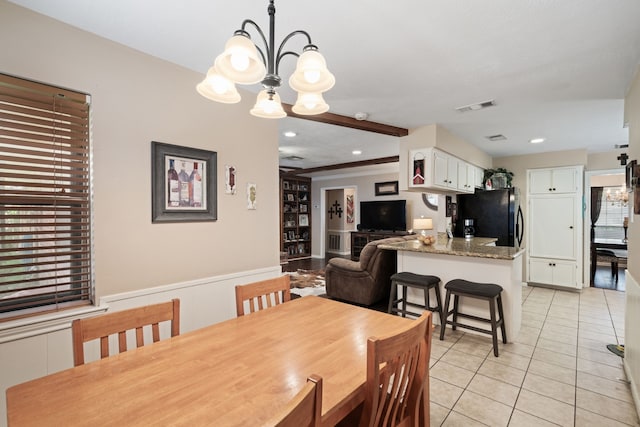 dining space featuring visible vents, light tile patterned flooring, recessed lighting, beamed ceiling, and a chandelier