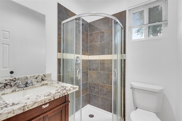 bathroom featuring toilet, a stall shower, and vanity