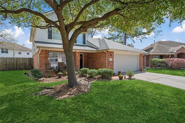 view of front facade featuring driveway, brick siding, a front yard, and fence