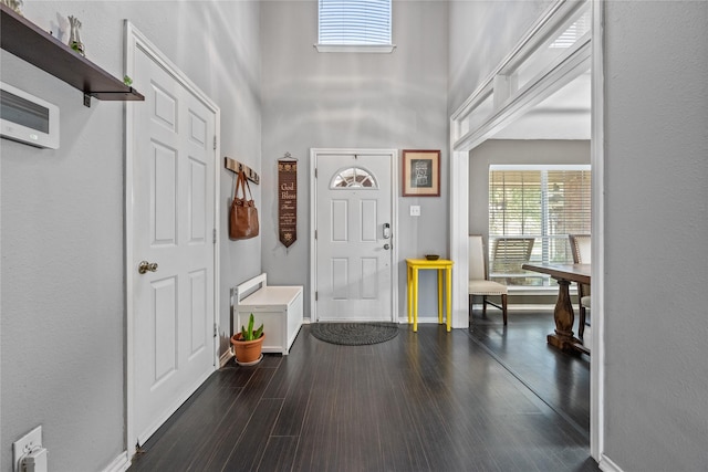 foyer with a towering ceiling, baseboards, and dark wood-style flooring