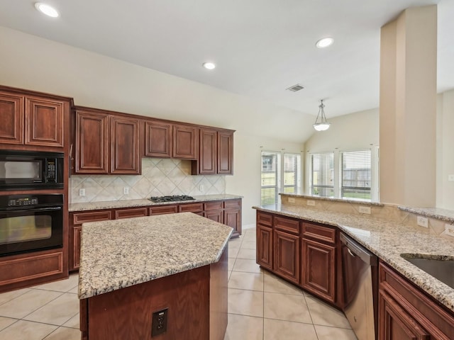 kitchen with light tile patterned floors, visible vents, black appliances, and tasteful backsplash