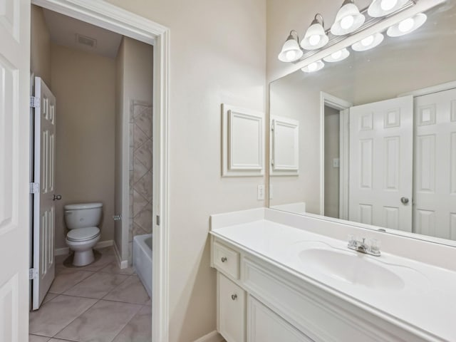 bathroom with visible vents, baseboards, toilet, tile patterned floors, and vanity