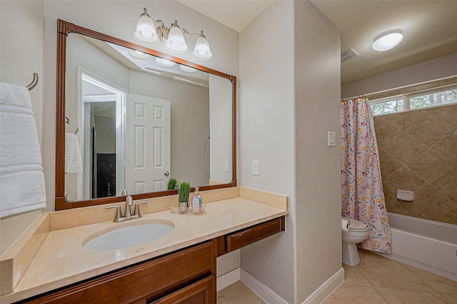 full bathroom with vanity, baseboards, shower / tub combo, tile patterned floors, and toilet