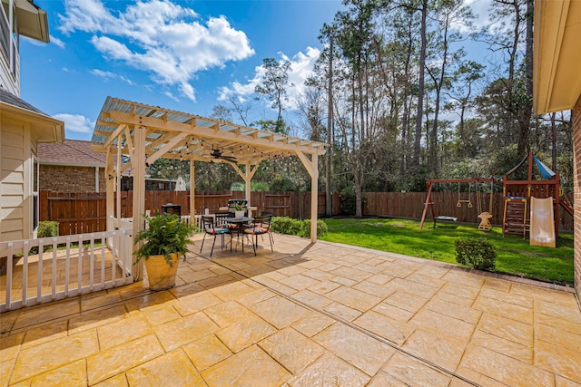 view of patio / terrace with outdoor dining area, a fenced backyard, a pergola, and a playground