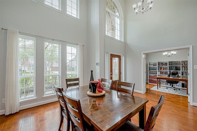 dining area featuring a notable chandelier, a healthy amount of sunlight, and light wood-style flooring