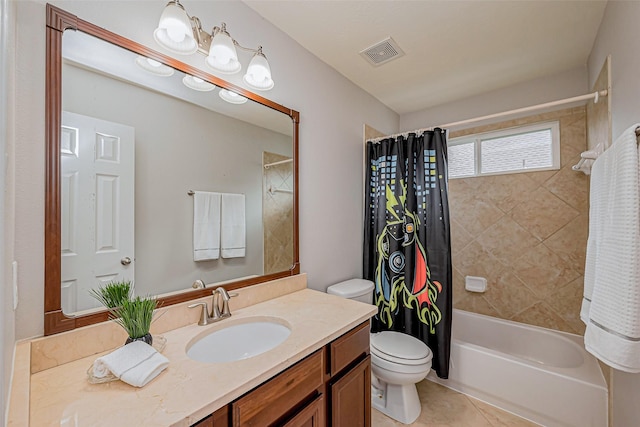 full bath featuring tile patterned flooring, visible vents, toilet, shower / bath combination with curtain, and vanity