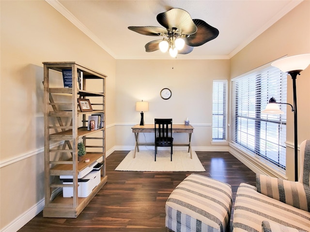 office featuring baseboards, dark wood-type flooring, and crown molding