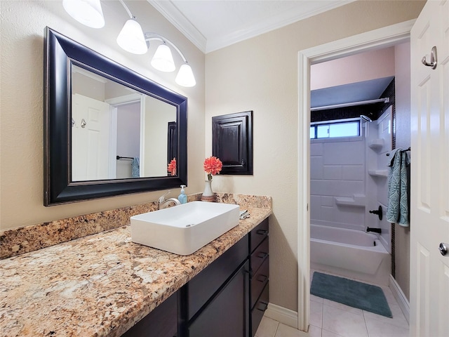 full bath with vanity, baseboards, ornamental molding, tile patterned flooring, and shower / bathing tub combination