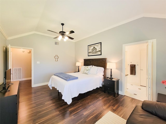 bedroom with visible vents, wood finished floors, crown molding, ceiling fan, and vaulted ceiling