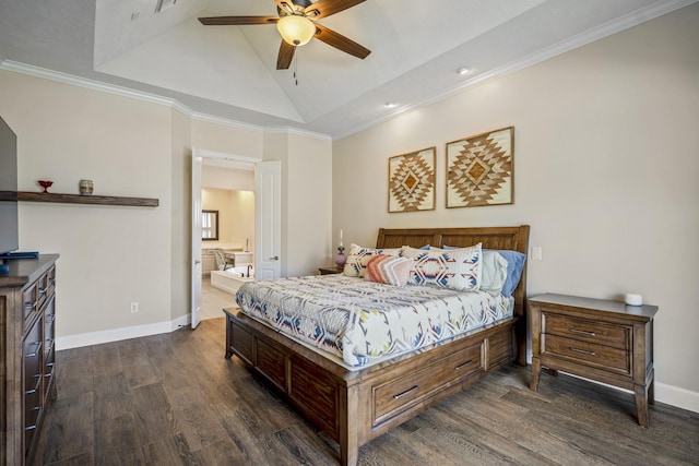 bedroom featuring connected bathroom, baseboards, dark wood finished floors, and vaulted ceiling