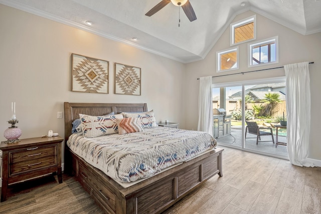 bedroom with a ceiling fan, high vaulted ceiling, ornamental molding, access to outside, and light wood-type flooring