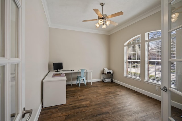 office area featuring a wealth of natural light, baseboards, crown molding, and dark wood-type flooring