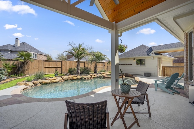 view of swimming pool with a fenced in pool, a patio, and a fenced backyard