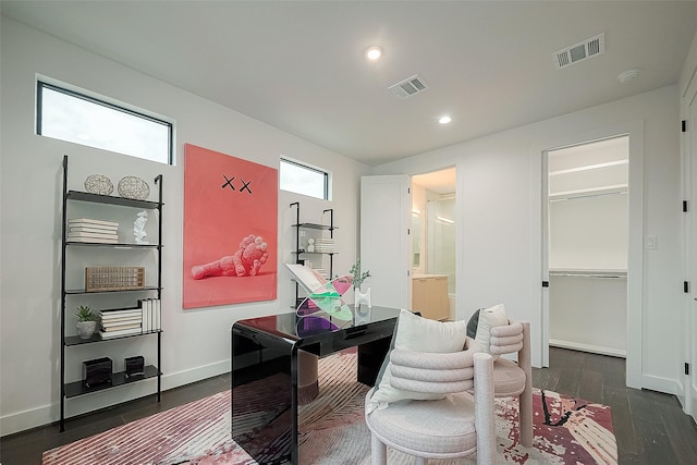 office area featuring recessed lighting, dark wood-style floors, visible vents, and baseboards