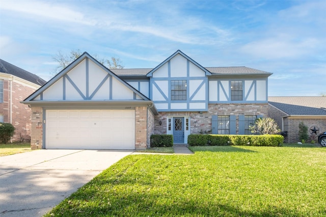 tudor house with a garage, brick siding, concrete driveway, and a front lawn