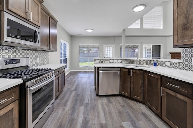 kitchen featuring a sink, wood finished floors, appliances with stainless steel finishes, baseboards, and dark brown cabinets