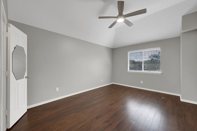 unfurnished room with hardwood / wood-style floors, lofted ceiling, a ceiling fan, and baseboards