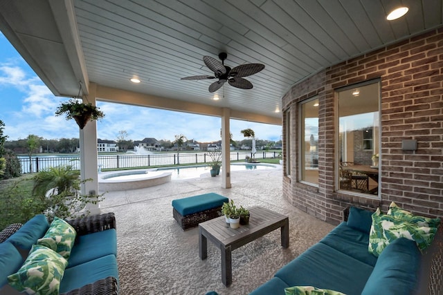 view of patio / terrace featuring a fenced in pool, an outdoor living space, an in ground hot tub, a fenced backyard, and ceiling fan