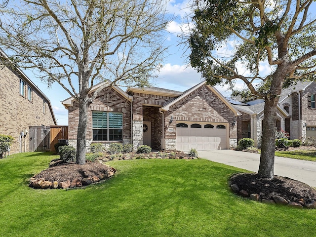 french provincial home with concrete driveway, a garage, brick siding, and a front lawn