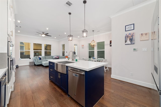 1239 W 23rd St Unit A, Houston, TX 77008 - kitchen with blue cabinets, dishwasher, a sink, light countertops, and open floor plan
