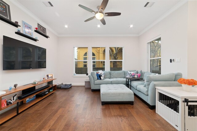 1239 W 23rd St Unit A, Houston, TX 77008 - living room featuring dark wood-style flooring, a ceiling fan, crown molding, and recessed lighting