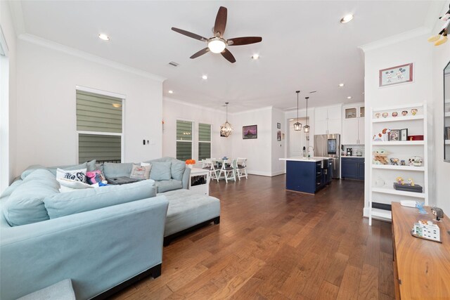1239 W 23rd St Unit A, Houston, TX 77008 - living area with a ceiling fan, crown molding, dark wood-style flooring, and recessed lighting