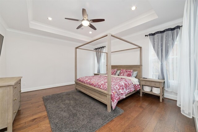 1239 W 23rd St Unit A, Houston, TX 77008 - bedroom with a tray ceiling, dark wood-style floors, crown molding, recessed lighting, and a ceiling fan