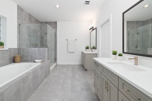 1239 W 23rd St Unit A, Houston, TX 77008 - full bath with a shower stall, two vanities, a bath, recessed lighting, and tile patterned flooring