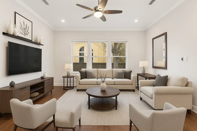 1239 W 23rd St Unit A, Houston, TX 77008 - living room featuring ceiling fan, baseboards, ornamental molding, wood finished floors, and recessed lighting