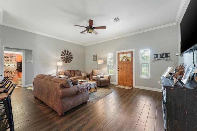 living area with visible vents, baseboards, dark wood-type flooring, and a ceiling fan