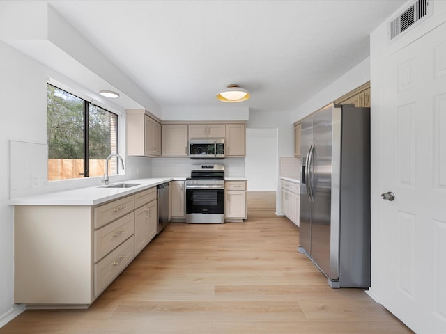 kitchen featuring visible vents, a sink, tasteful backsplash, stainless steel appliances, and light wood-style floors