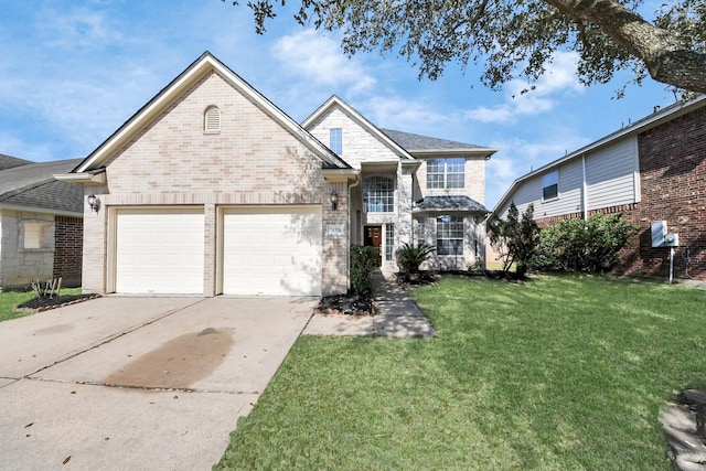 traditional-style home with brick siding, an attached garage, concrete driveway, and a front yard