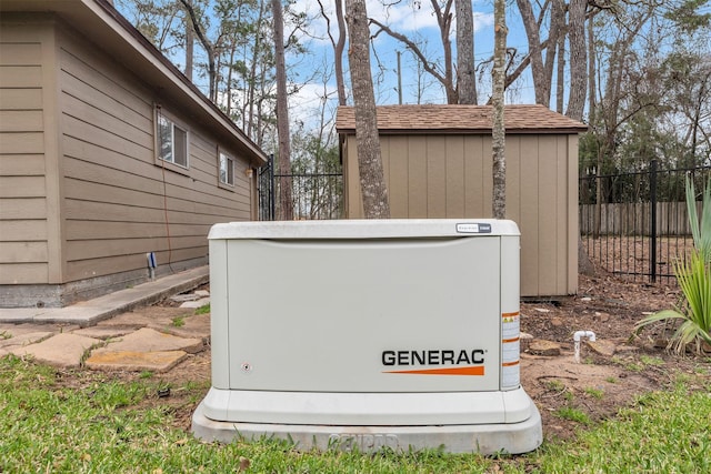 exterior details with a power unit and fence