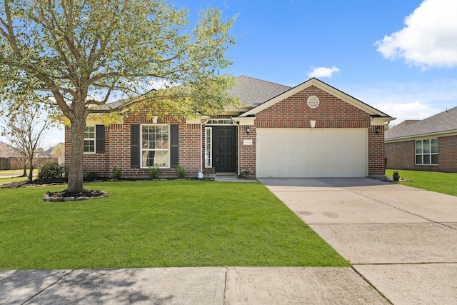 ranch-style home with a garage, a front lawn, brick siding, and driveway