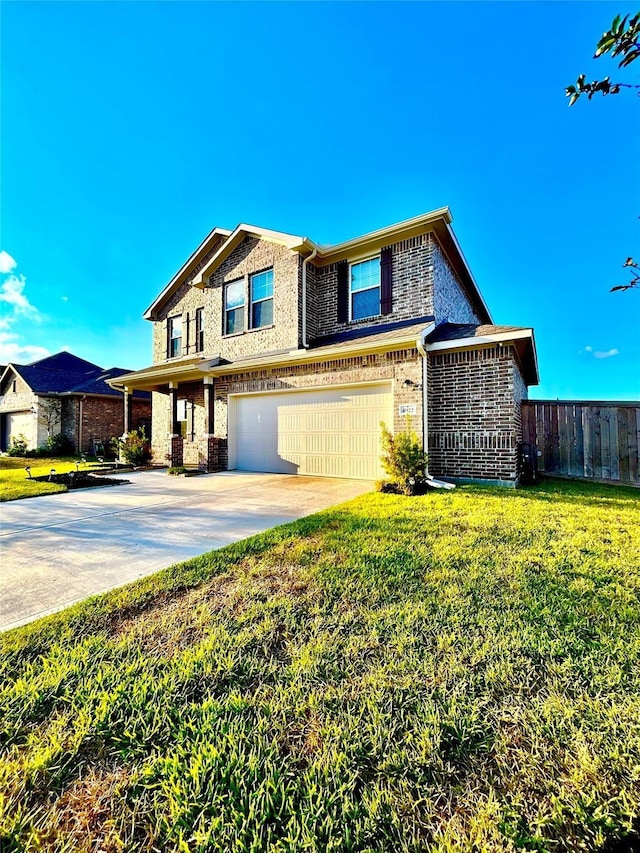 view of front of house featuring fence, driveway, an attached garage, a front lawn, and brick siding