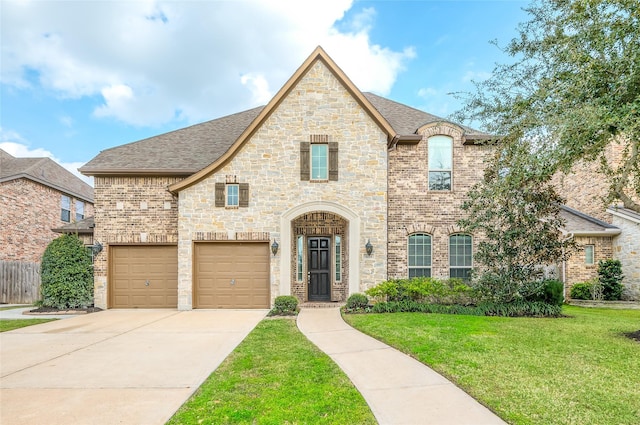 french country inspired facade with brick siding, concrete driveway, a front yard, and a shingled roof