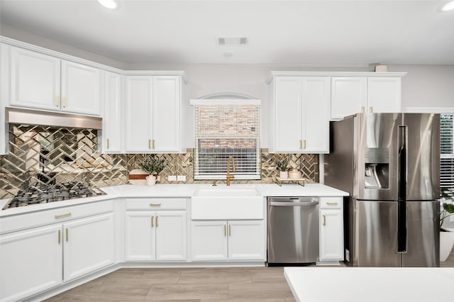 kitchen with a sink, appliances with stainless steel finishes, light countertops, and under cabinet range hood