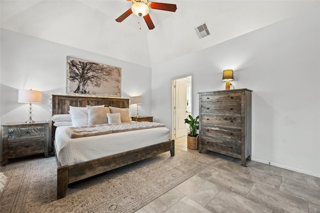 bedroom with visible vents, baseboards, ceiling fan, and high vaulted ceiling