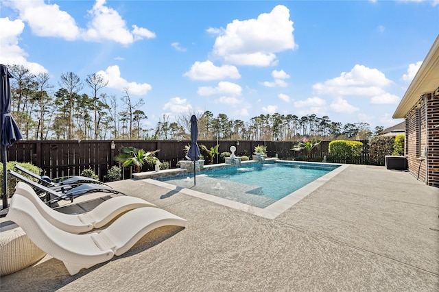 view of swimming pool featuring a patio area, a fenced in pool, and a fenced backyard