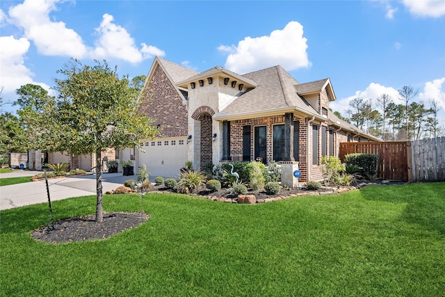 view of front of home featuring brick siding, driveway, an attached garage, and a front lawn