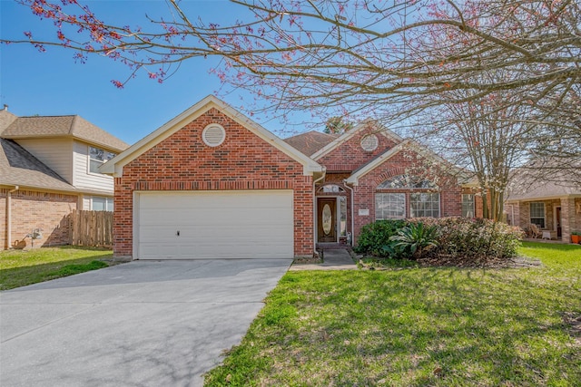 view of front facade with a front lawn, fence, concrete driveway, an attached garage, and brick siding