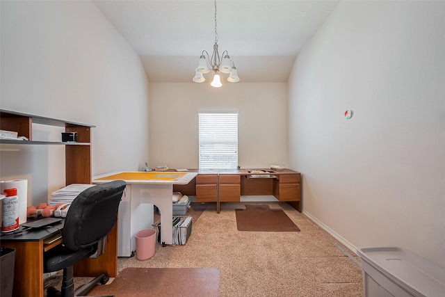 office area with a notable chandelier, light colored carpet, baseboards, and vaulted ceiling