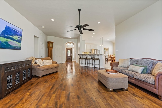 living room with recessed lighting, hardwood / wood-style floors, and a ceiling fan