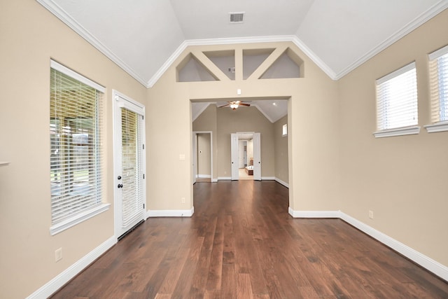 foyer entrance with visible vents, lofted ceiling, a ceiling fan, and ornamental molding