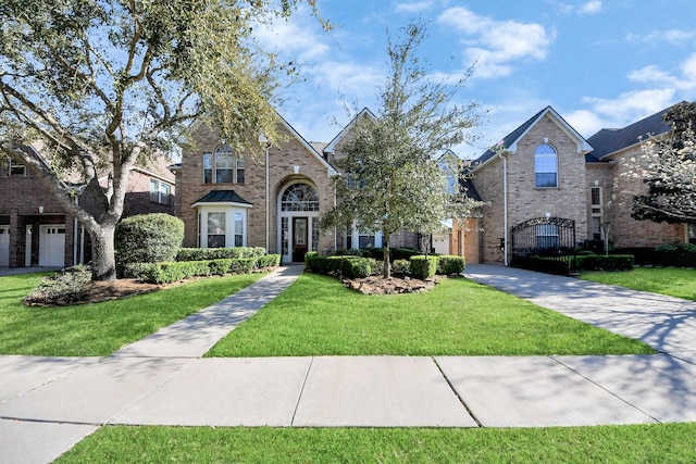 traditional-style house featuring a garage, brick siding, a front yard, and a gate