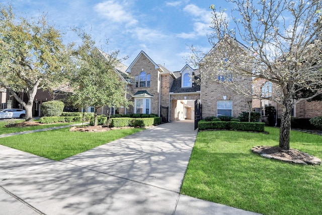 traditional-style home with brick siding, an attached garage, concrete driveway, and a front lawn