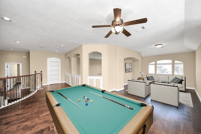 game room featuring ceiling fan, visible vents, wood finished floors, and billiards